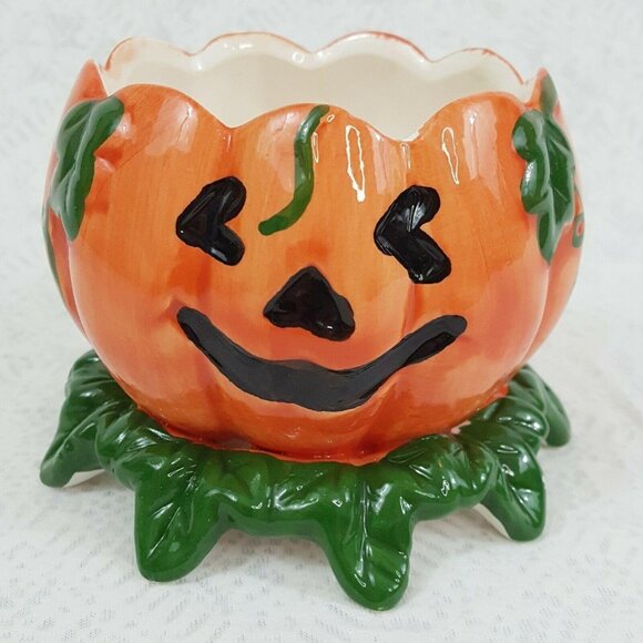 Halloween Pumpkin Ceramic Tealight Votive Candle Candy Dish Holders Small 4" NEW - Picture 1 of 7